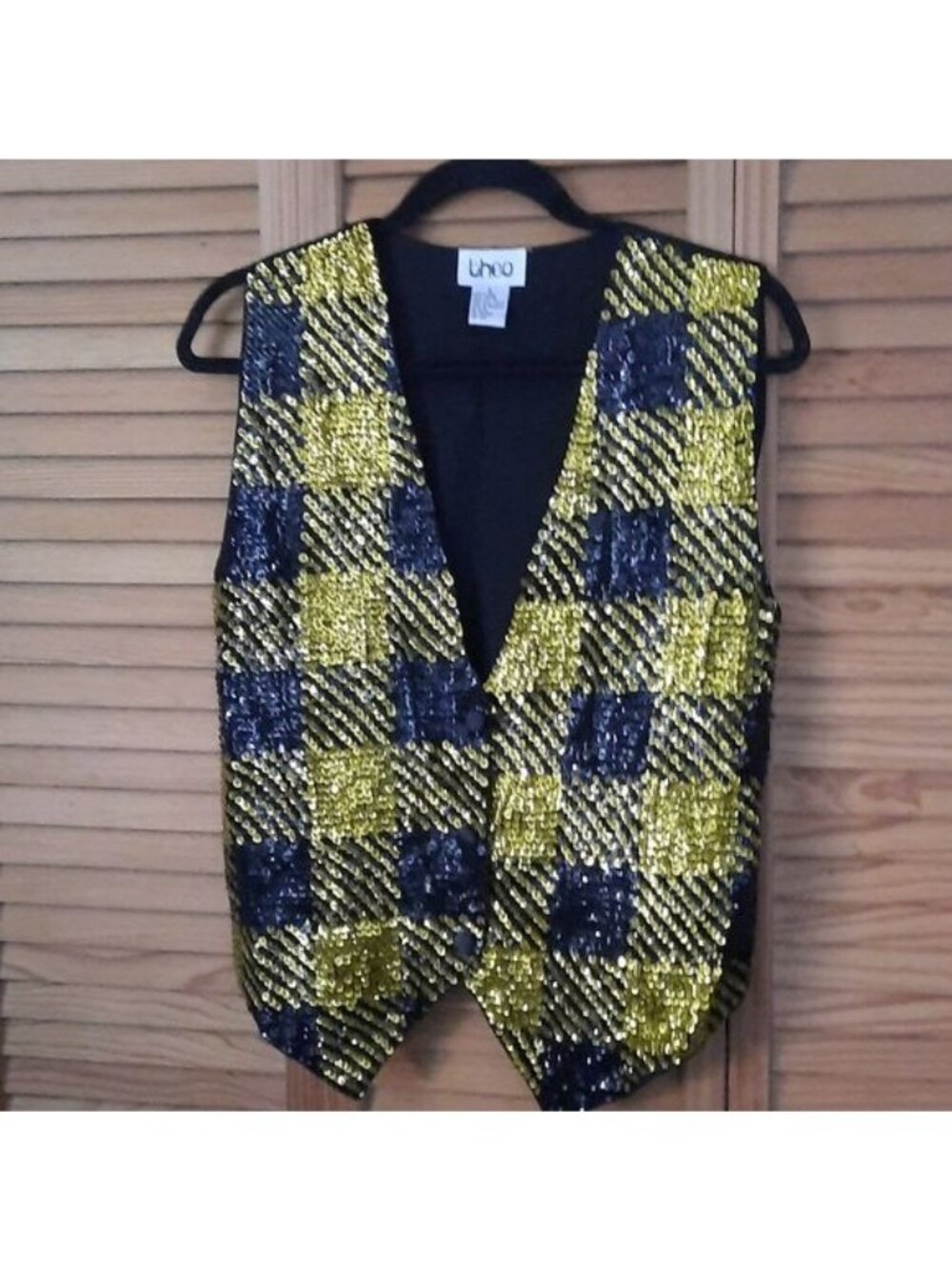 Theo Plaid Sequin Black and Yellow Plaid Button Up Vest Size Small